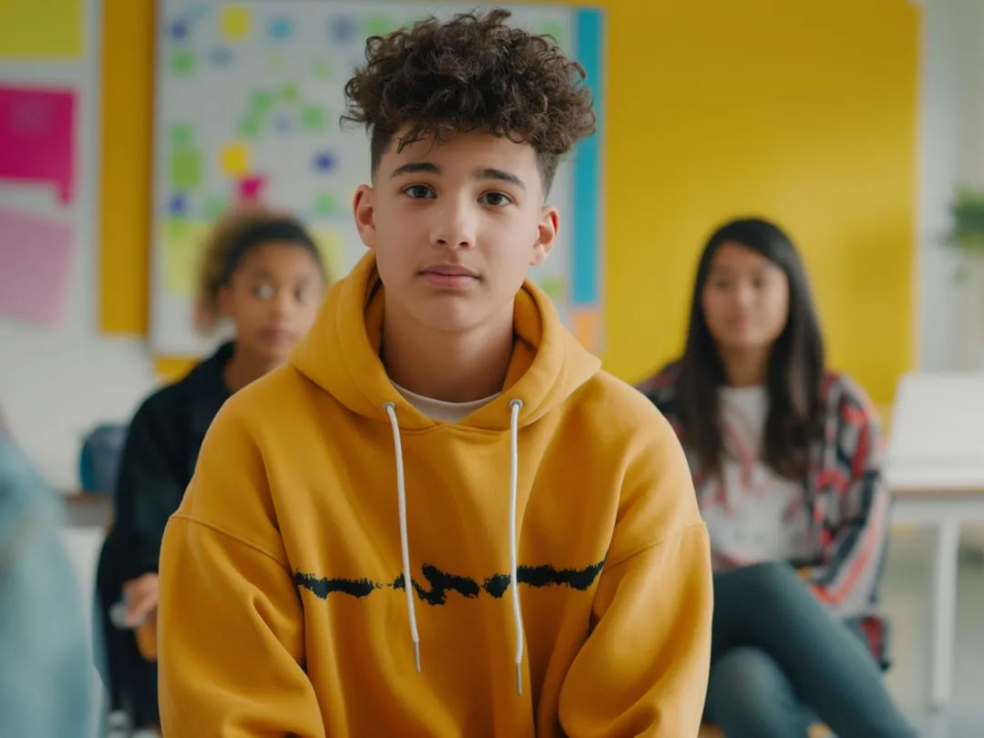 Un joven sentado en un salón de clases, mirando a la cámara con una expresión pensativa.